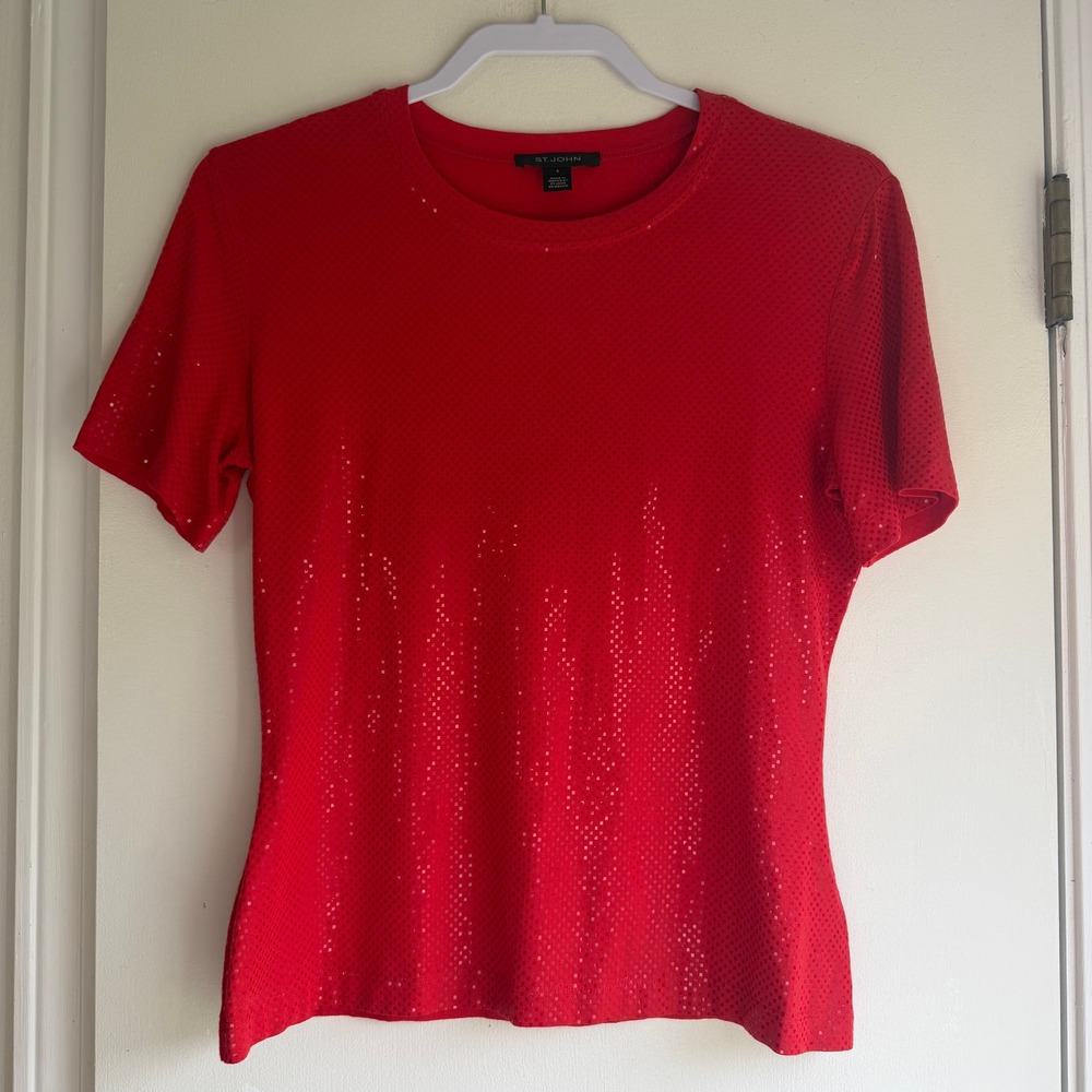 St. John Red Micro Square Foil Print Short Sleeve Crewneck Top Womens S